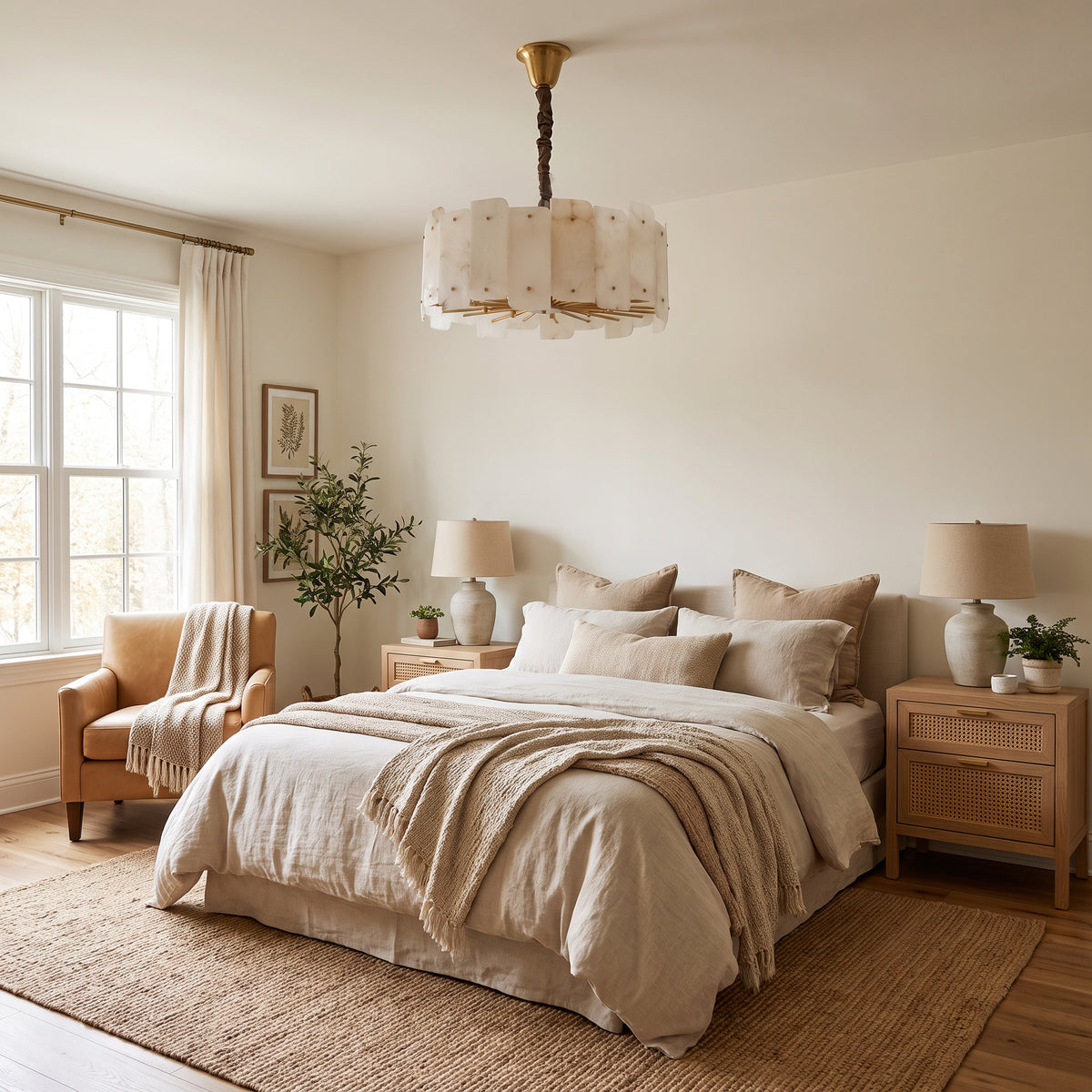 WOMO WM2391 round alabaster chandelier with vertical panels above a bed in a bright, neutral bedroom.