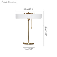 White mid century table lamp dimension diagram showing a 35 cm shade width, 42 cm overall height and 15 cm base diameter.