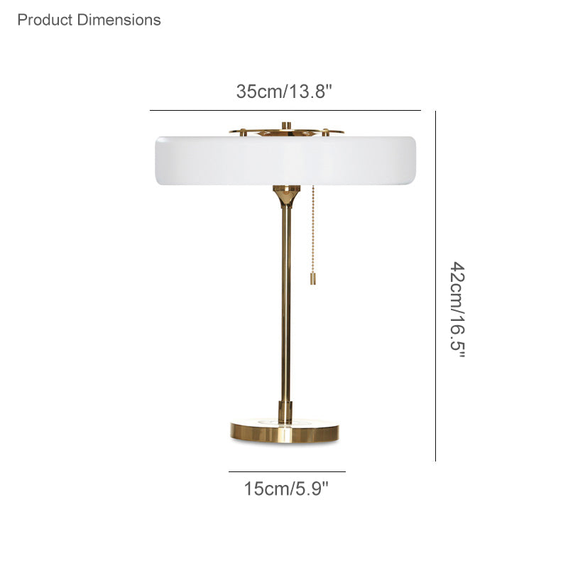 White mid century table lamp dimension diagram showing a 35 cm shade width, 42 cm overall height and 15 cm base diameter.