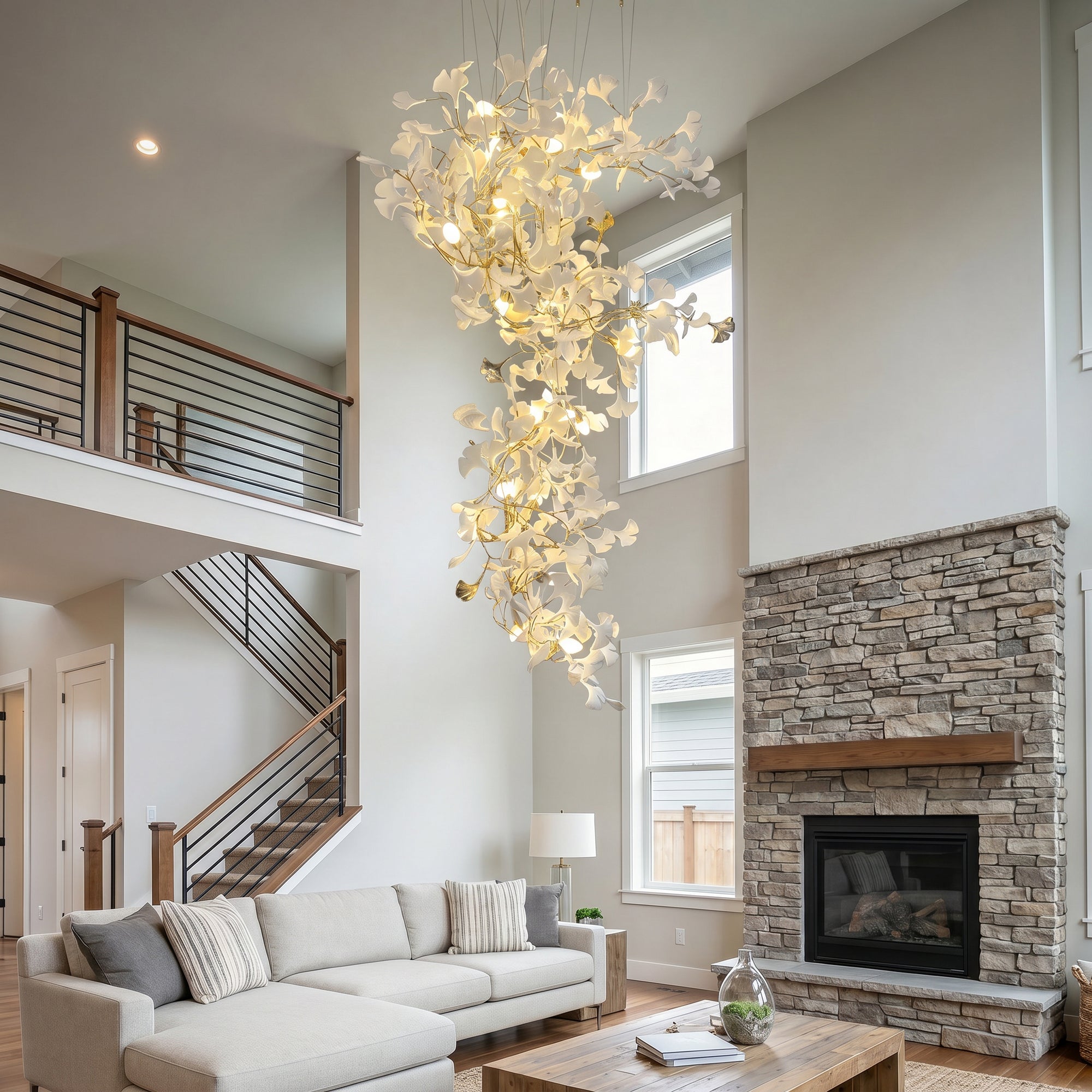 High ceiling chandelier with white ceramic ginkgo leaves glowing above a double-height living room with a staircase and stone fireplace.