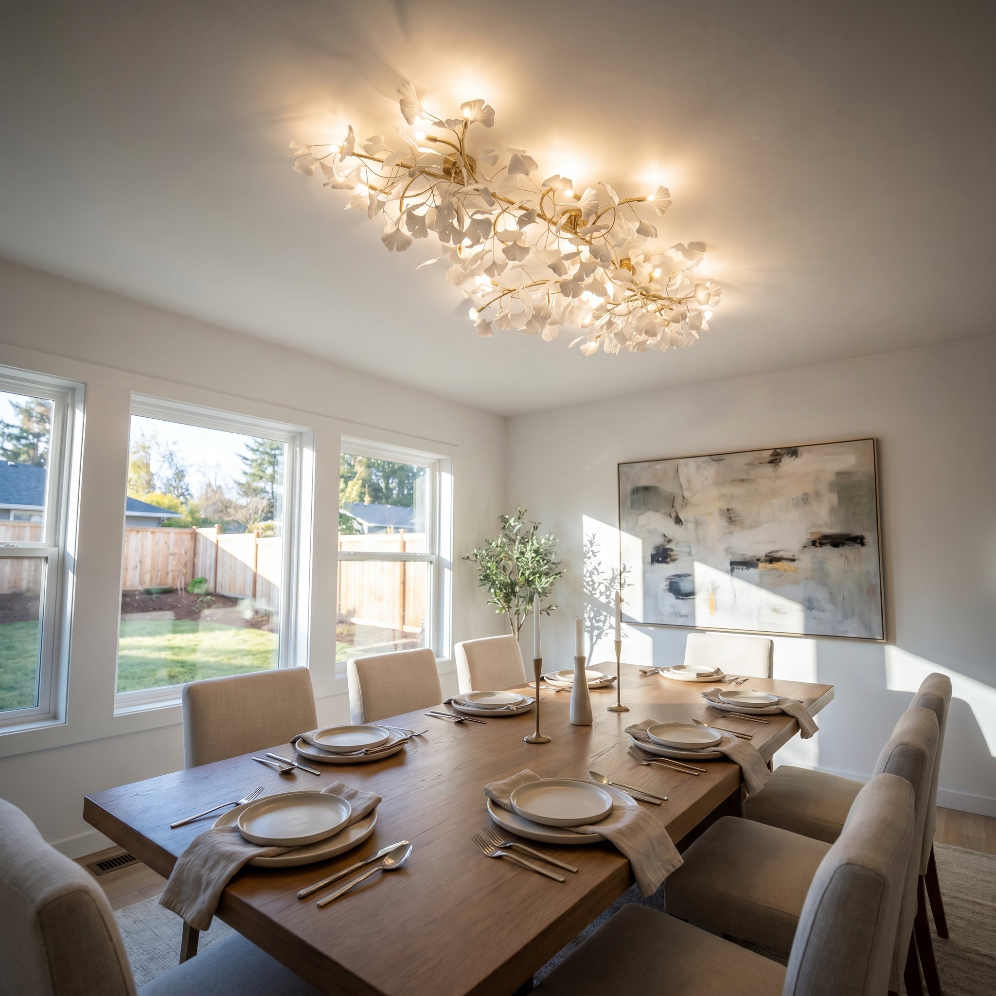 Low profile ceiling light with white ceramic ginkgo leaves and gold branches above a modern dining table.