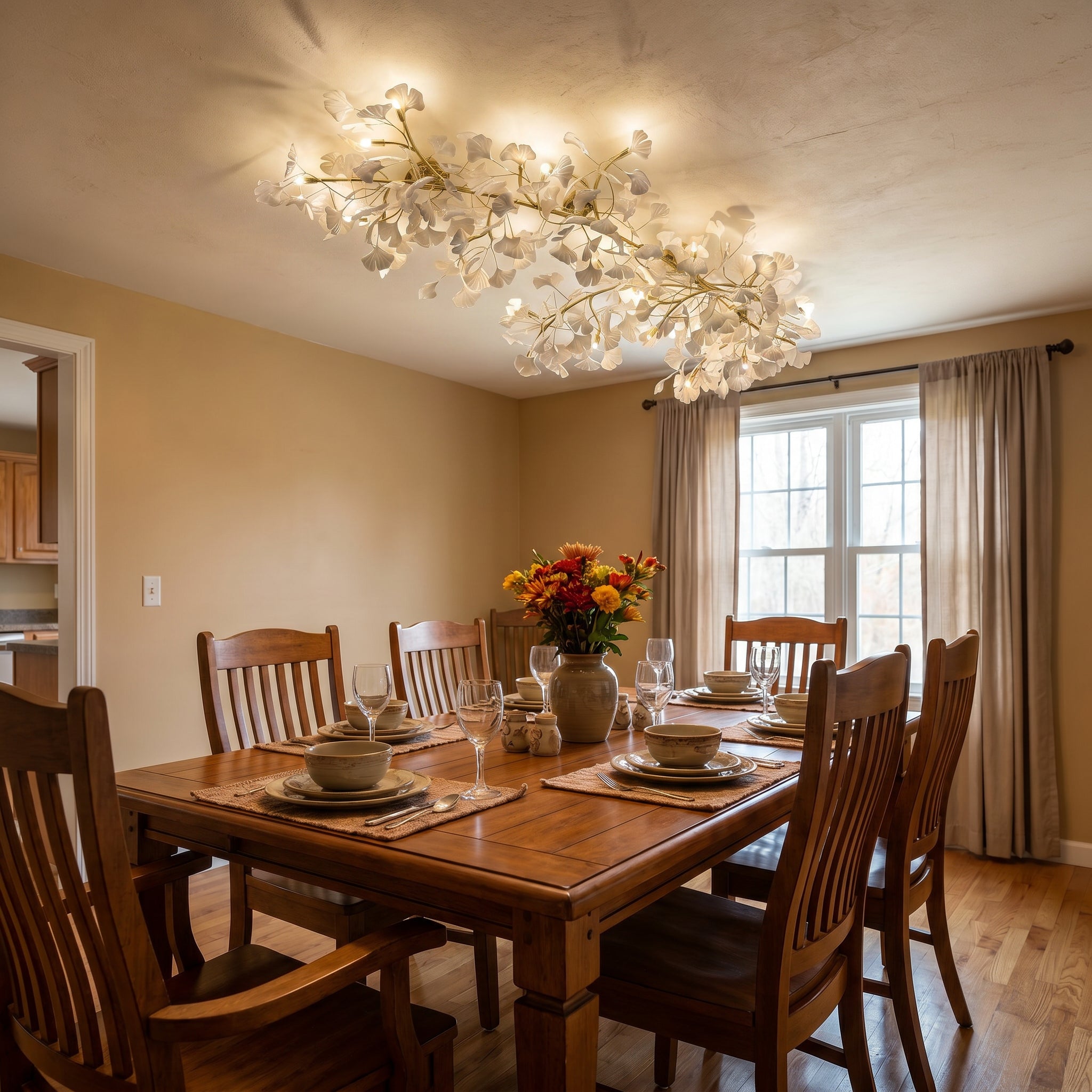 Gold flush mount ceiling light with layered white ceramic ginkgo leaves above a traditional dining table.