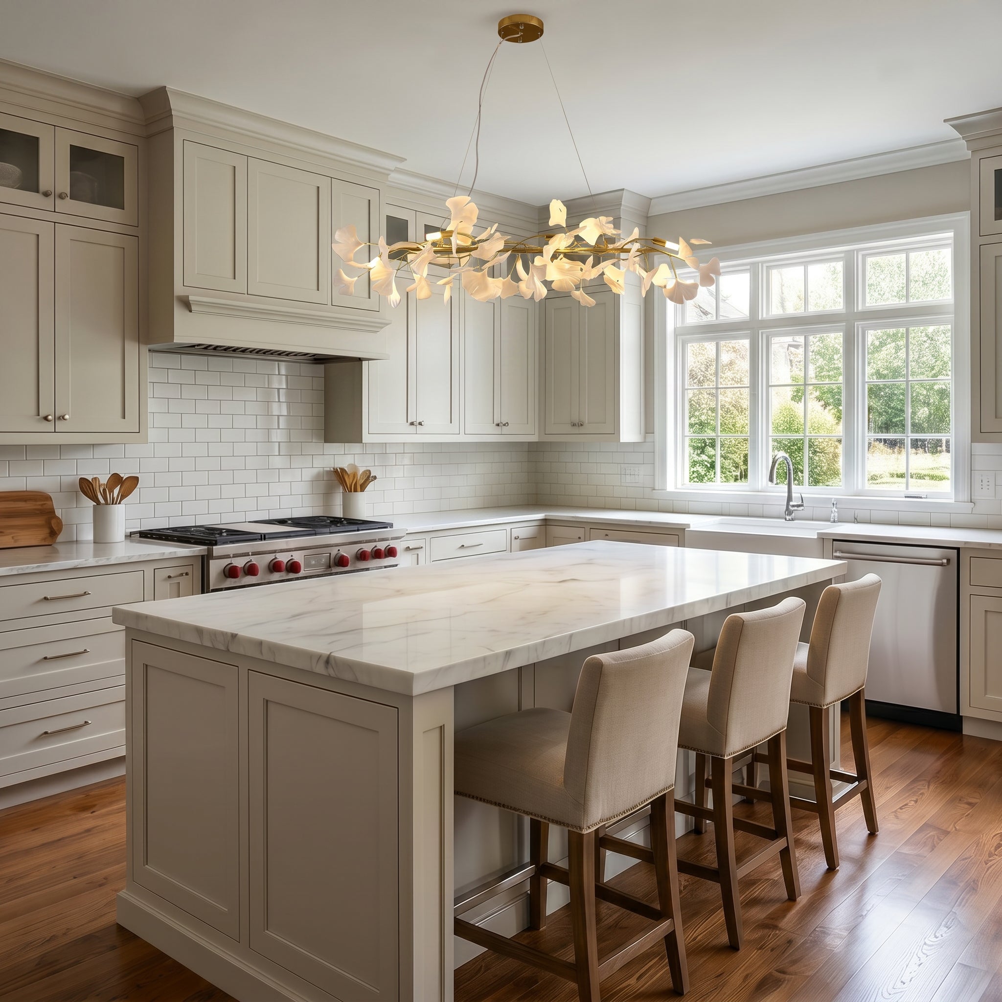 Gold ceramic leaf chandelier suspended above a white kitchen island with counter stools.