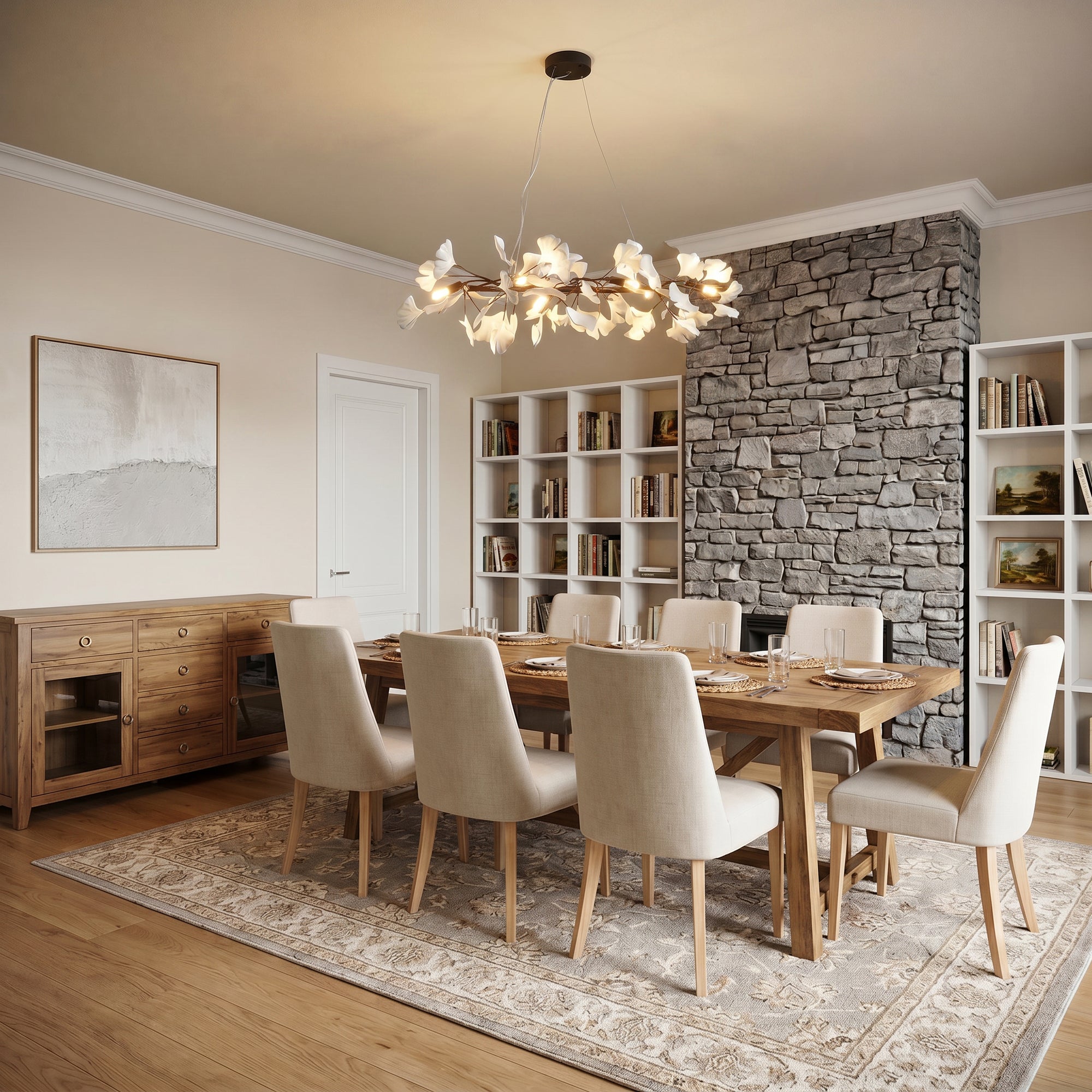 Gold linear ginkgo chandelier centered over a rectangular dining table in a contemporary room.