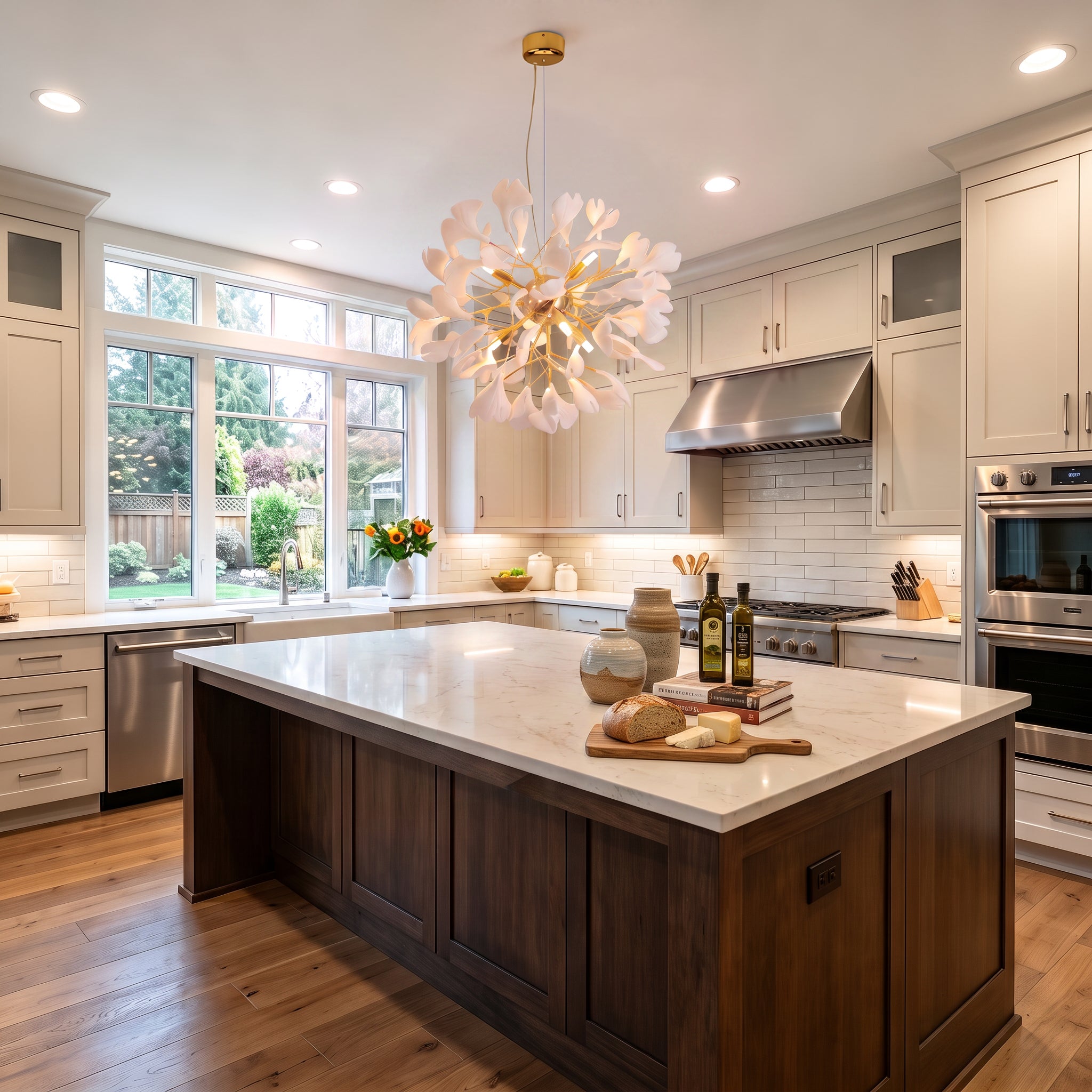 A contemporary kitchen with cream cabinets and a dark wood island, highlighted by a white ceramic chandelier with overlapping petal-like shades hanging above a marble countertop.