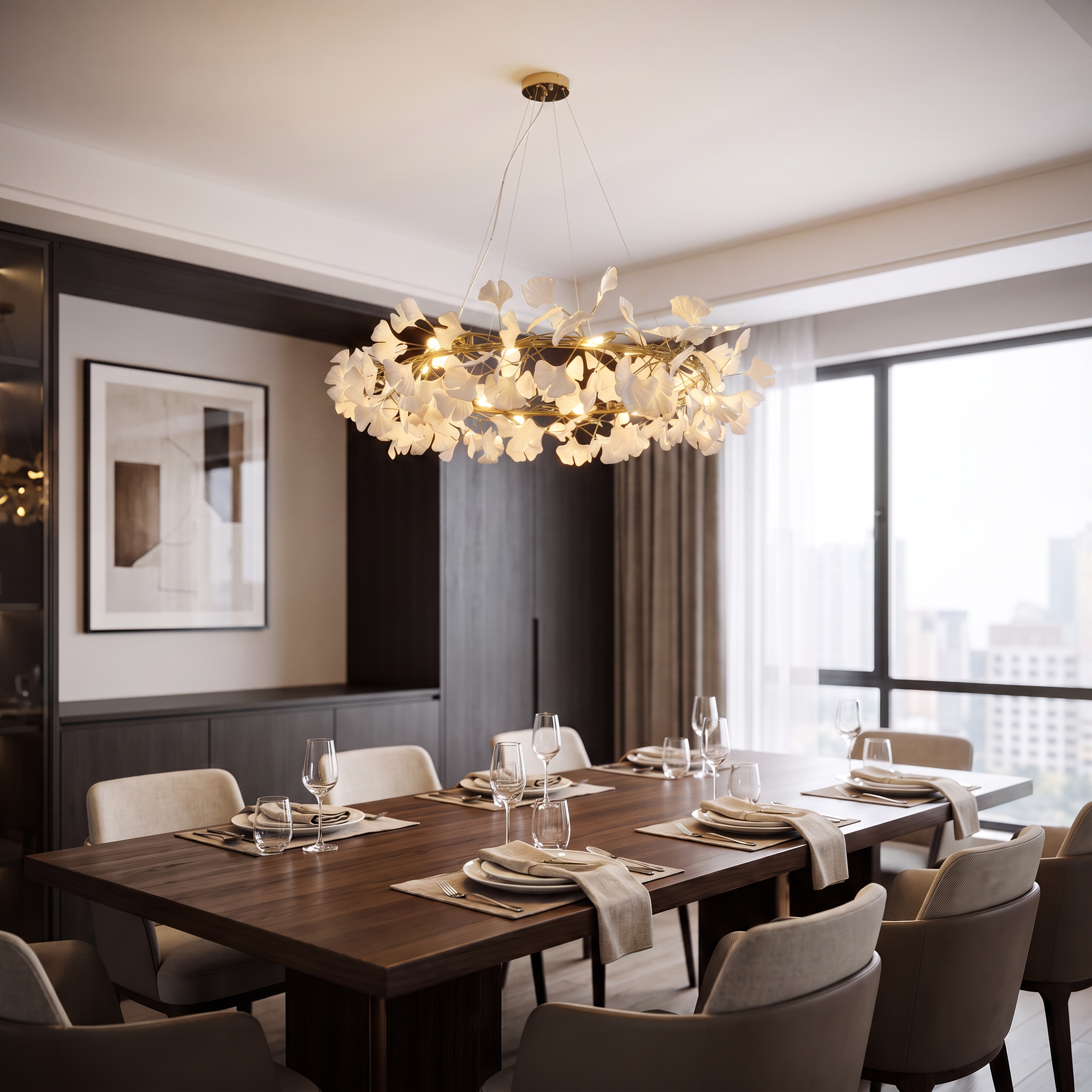 Round ceramic leaf chandelier centered over a dark wood table in a modern dining room.