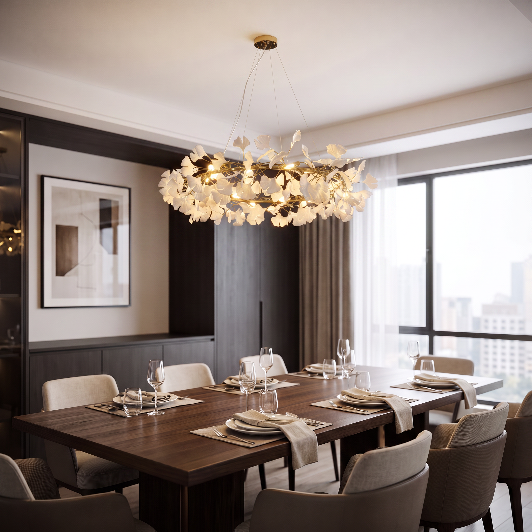 Round ceramic leaf chandelier centered over a dark wood table in a modern dining room.
